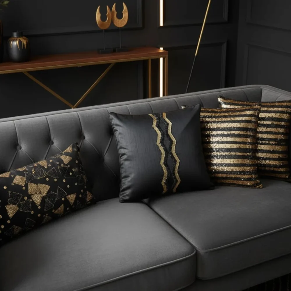 Black & Gold Sequin Accent Cushion Cover - Image 5