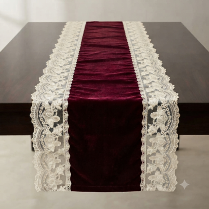 Luxury Red Velvet Table Runner with Floral Lace Border