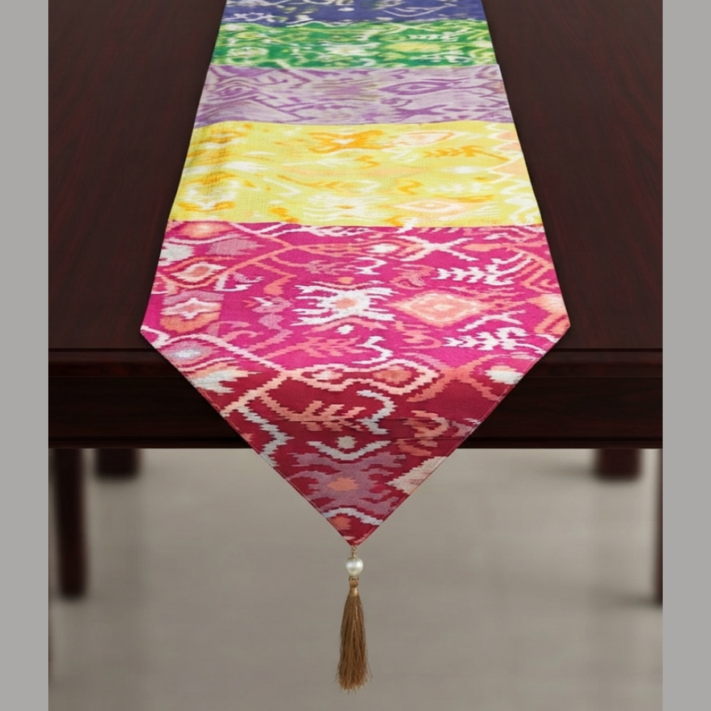 Vibrant Patchwork Style Table Runner with Tassel.